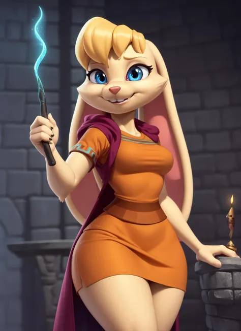 bianca, furry female anthro, rabbit girl, standing, portrait, short dress, hooded cloak, wand, solo, (body fur:1.2), (best quality), (magical castle great hall background:1.2), dramatic lighting, (detailed fluffy fur:1.1), looking at viewer, smile, short sleeves,  <lora:bianca-v1:1>
