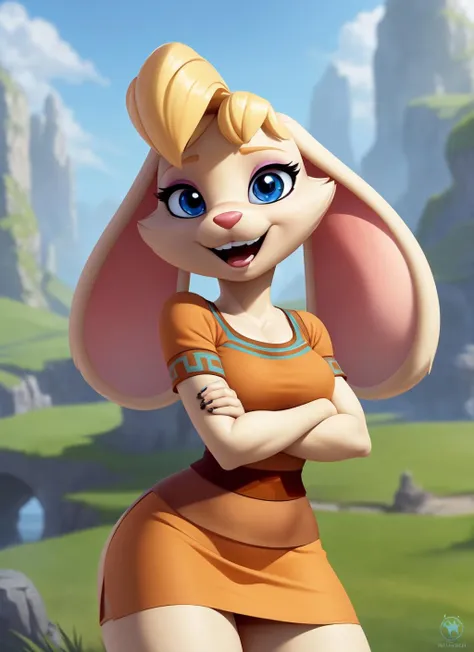 bianca, furry female anthro, rabbit girl, standing, portrait,( short dress:1.1), short sleeves, solo, (body fur:1.2), (best quality), (outdoors fantasy background:1.2), cinematic lighting, (detailed fluffy fur:1.1), looking at viewer, smile, open mouth, teeth, <lora:bianca-v1:1>