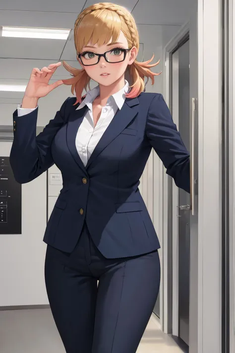masterpiece, best quality, 1girl, solo, <lora:sharena-fe-richy-v1:1> sharenarnd, business suit, suit, office lady, blazer, glasses, parted lips,