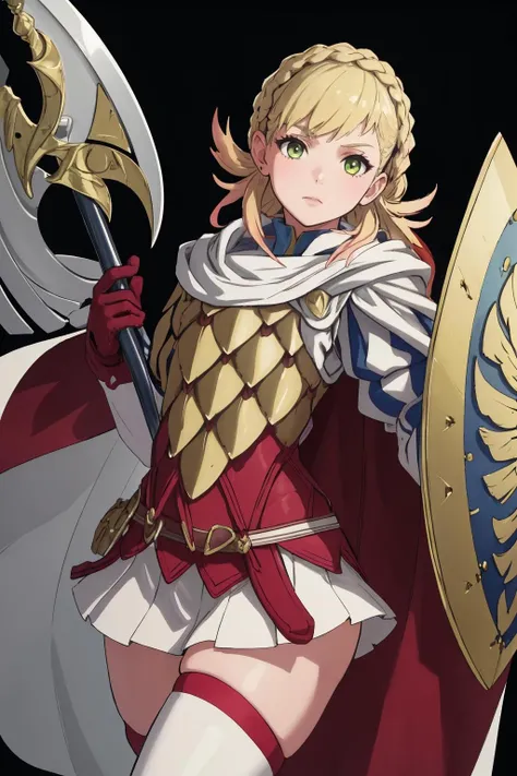 masterpiece, best quality, 1girl, solo, <lora:sharena-fe-richy-v1:1> sharenadef, armor, cape, gloves, skirt, zettai ryouiki, thighs, skindentation, shield, spear, holding polearm
