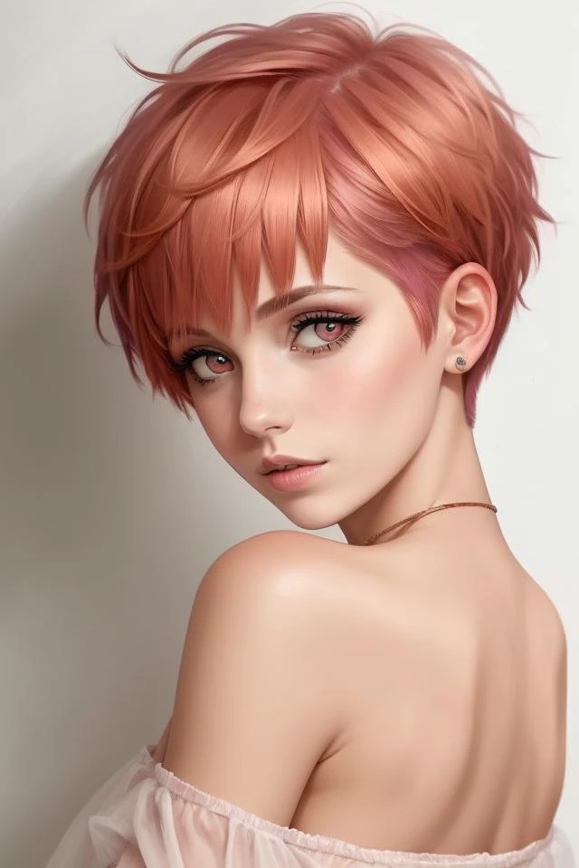 1 girl, adult woman, pink eyes, copper pixie cut,