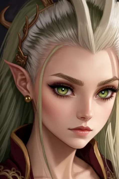1 girl, adult (elven:0.7) woman, jade eyes, dark blonde frohawk,
