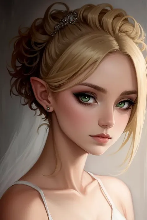 1 girl, adult (elven:0.7) woman, jade eyes, dark blonde frohawk,