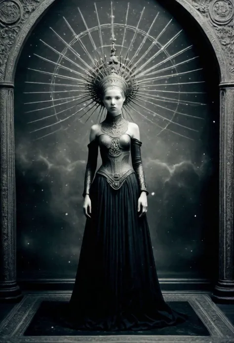 (scifi daguerreotype:1.5) (full body shot:1.3) of a pretty bald endomorphic Maud, 18 year old, buddhistic gesture, eldritch otherworldly interstellar empress headdress, diaphanous latex vksw34t1 with thick metal inlays, indoors, black marble ground, Alphonse Mucha Style page, ral-mycelium, depth of field, dramatic backlighting, film grain, vignette