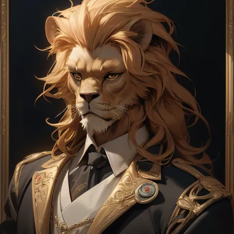 (best quality), (highly detailed), (masterpiece), (perfect lighting), 
Baroque painting of lion man in a suit, close up