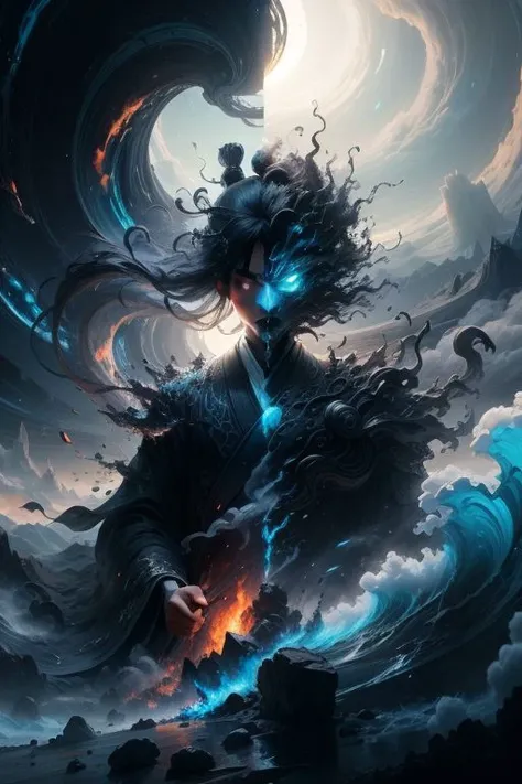 Greg Rutkowski, epic battlefield, dragons, (blood splash:1.3), (dynamic pose:1.2), female, (fire:1.9), (bioluminescent hair:1.8), (black robe:1.3), (curly demon horns:1.3), wabstyle, glowing, robe, (vibrant colors:1.3), (fog,:1.6) (mist:1.6), (smoke:1.6), girl composed of white light, girl composed of black smoke, sun, 1girl, small breasts, long hair, solo, (photorealistic:1.4), cowboy shot, cinematic angle, fisheye, motion blur, shoujo kitou-chuu,blue fire, frie rain, Long hair fluttering in the wind, loong,wave,
ng_deepnegative_v1_75t, easynegative, myself-badhand-v5 (background, (fractured world:1.2), (beautiful scenery:1.2), (detailed scenery:1.2)),