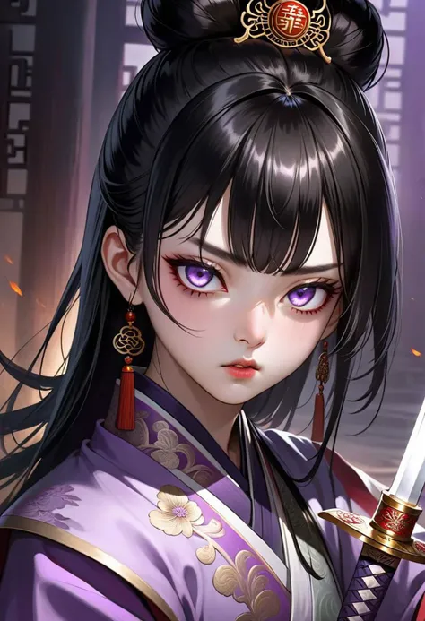 beautiful, masterpiece, best quality, extremely detailed face, perfect lighting, 1girl ((black hair, split bangs, top knot, purple eyes)) hanfu, chinese, sword, angry, kneeling, looking away from viewer