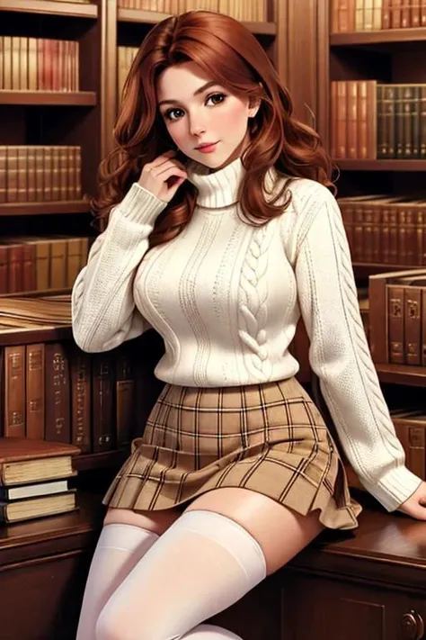 realistic photo of a 30 year old woman, medium length wavy auburn hair, realistic details, (wearing a white wool sweater, plaid skirt and white thigh high stockings), leaning against a bookshelf in a library, detailed background, (masterpiece:1.0), (best quality:1.0), beautiful, (intricate details), unity 8k wallpaper, ultra detailed