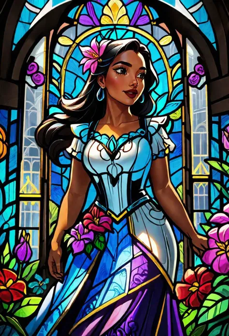 highly detailed, highest quality, masterpiece, Stained Glass Window style, Disney's Isabela Madrigal from Encanto surrounded by bright flowers, <lora:xl_yamer_style-2.0:1>