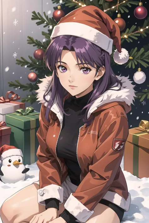 (Misato Katsuragi), Evangelion, woman, mature female, red jacket, purple hair, penguin, santa hat, fur trim, snow, winter, christmas tree, present, gift, detailed, best quality