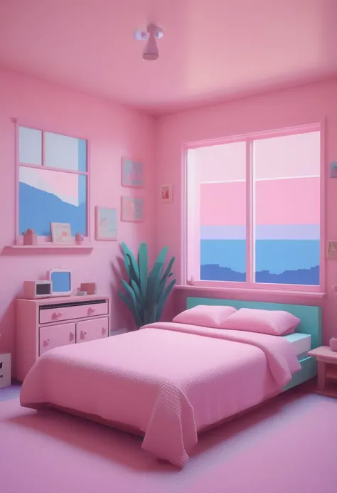 8-bit pixel art nostalgic cute room with a pink and blue color scheme. A cute bedroom with a pink bed and pastel colors. A cute kawaii interior design with a guitar on the wall and a window. Retro posters and artwork on the walls as night time is seen outside the windows. 90s vibes with an aesthetic cozy pastel lofi aesthetic style