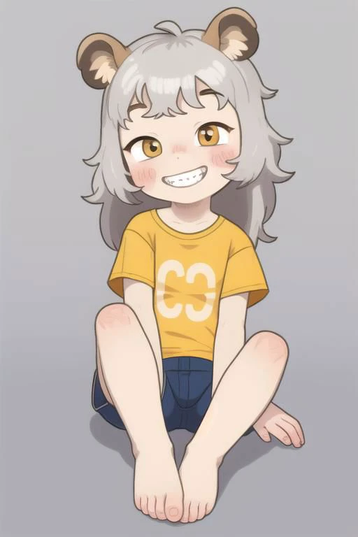 sitting1girl, solo, masterpiece, koalaengine, flat color, sketch,koalaengine,(best quality),bandaid on faceSquint,(masterpiece),cute,chibi,chubby,,bare feet, shorts, long hair, yellow shirt, (grin:1.4), looking at viewer, grey hair, animal ears, brown eyes, short sleeves, full body, blush,soles, teeth,ahoge,yellow clothes