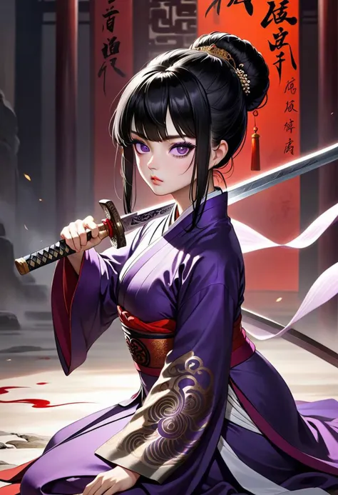 beautiful, masterpiece, best quality, extremely detailed face, perfect lighting, 1girl ((black hair, split bangs, top knot, purple eyes)) hanfu, chinese, sword, angry, kneeling, looking to the right