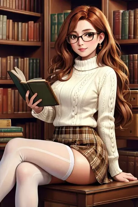 realistic photo of a 30 year old woman, medium length wavy auburn hair, realistic details, (wearing a white wool sweater, plaid skirt and white thigh high stockings), sitting in a library and reading a book, glasses, detailed background, (masterpiece:1.0), (best quality:1.0), beautiful, (intricate details), unity 8k wallpaper, ultra detailed