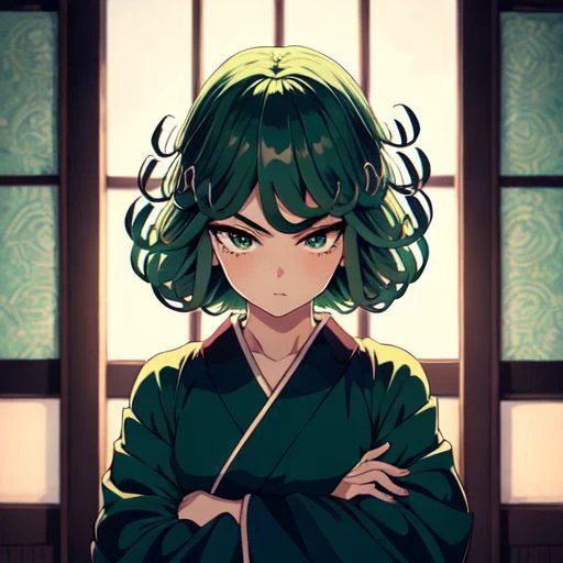 masterpiece, best quality, detailed face, detailed eyes, thick eyebrows, hair ornament, kimono, crossed arms, standing, bedroom, 1girl, tatsumaki, green eyes, green hair