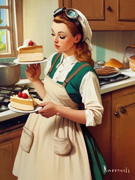 1girl, dress, <lora:norman_rockwell_style_v1:1> norman rockwell style, in the kitchen, baking a cake, 1950s style, goggles on her head,, score_9, score_8_up, score_7_up, score_6_up, score_5_up, score_4_up, uncensored,