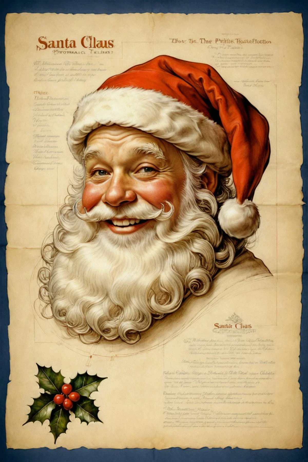 detailed diagram, photorealistic, absurdres, blueprint, <lora:ParchartXL_CODA:0.4> on parchment, etched elements, extremely detailed, (santa claus:1.4),<lora:symmetrical:1> symmetrical, smile <lora:caricart:0.35> caricart, <lora:norman_rockwell_style_v1:0.5> norman rockwell style, plump, jolly, christmas, mistletoe, holding a candycane,