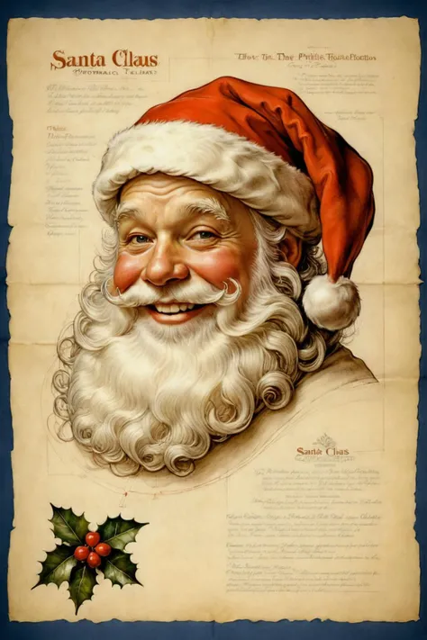 detailed diagram, photorealistic, absurdres, blueprint,  <lora:ParchartXL_CODA:0.4> on parchment, etched elements, extremely detailed, (santa claus:1.4),<lora:symmetrical:1> symmetrical, smile <lora:caricart:0.35> caricart,  <lora:norman_rockwell_style_v1:0.5> norman rockwell style, plump, jolly, christmas, mistletoe, holding a candycane,