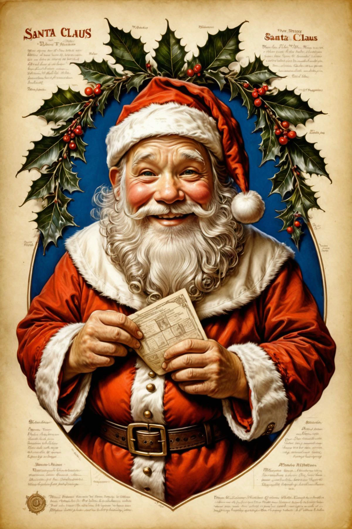 detailed diagram, photorealistic, absurdres, blueprint, <lora:ParchartXL_CODA:0.4> on parchment, etched elements, extremely detailed, (santa claus:1.4),<lora:symmetrical:1> symmetrical, smile <lora:caricart:0.35> caricart, <lora:norman_rockwell_style_v1:0.5> norman rockwell style, plump, jolly, christmas, mistletoe, <lora:sdxl-hairdetailer_02:1> <lora:bold-16oa:1> bold