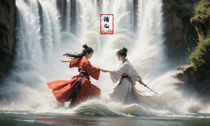 (dramatic, gritty, intense:1.4),masterpiece, best quality, 8k, insane details, intricate details, hyperdetailed, hyper quality, high detail, ultra detailed, Masterpiece,
2girlsholding weaponholding swordduelbattlemidairsingle hair bunblack hairlong hairhair bunlooking at another
outdoorswaterfallwater in the flowingwavessplashingHanfu(Real waterRealistic waterflowing water:1.5)ripples
A shot with tension(sky glows red,Visual impact,giving the poster a dynamic and visually striking appearance:1.2),Chinese Zen style,impactful picture,
<lora:~Q?-p^k{eWaterfall:0.7>