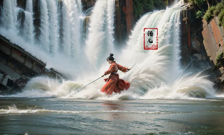 (dramatic, gritty, intense:1.4),masterpiece, best quality, 8k, insane details, intricate details, hyperdetailed, hyper quality, high detail, ultra detailed, Masterpiece,
2girlsholding weaponholding swordduelbattlemidairsingle hair bunblack hairlong hairhair bunlooking at another
outdoorswaterfallwater in the flowingwavessplashingHanfu(Real waterRealistic waterflowing water:1.5)ripples
A shot with tension(sky glows red,Visual impact,giving the poster a dynamic and visually striking appearance:1.2),Chinese Zen style,impactful picture,
<lora:~Q?-p^k{eWaterfall:0.7>