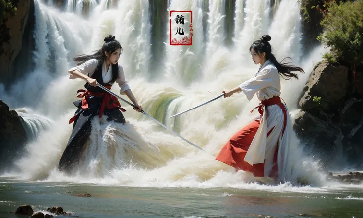 (dramatic, gritty, intense:1.4),masterpiece, best quality, 8k, insane details, intricate details, hyperdetailed, hyper quality, high detail, ultra detailed, Masterpiece,
2girlsholding weaponholding swordduelbattlemidairsingle hair bunblack hairlong hairhair bunlooking at another
outdoorswaterfallwater in the flowingwavessplashingHanfu(Real waterRealistic waterflowing water:1.5)ripples
A shot with tension(sky glows red,Visual impact,giving the poster a dynamic and visually striking appearance:1.2),Chinese Zen style,impactful picture,
<lora:~Q?-p^k{eWaterfall:0.7>