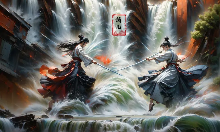 (dramatic, gritty, intense:1.4),masterpiece, best quality, 8k, insane details, intricate details, hyperdetailed, hyper quality, high detail, ultra detailed, Masterpiece,
2girlsholding weaponholding swordduelbattlemidairsingle hair bunblack hairlong hairhair bunlooking at another
outdoorswaterfallwater in the flowingwavessplashingHanfu(Real waterRealistic waterflowing water:1.5)ripples
A shot with tension(sky glows red,Visual impact,giving the poster a dynamic and visually striking appearance:1.2),Chinese Zen style,impactful picture,
<lora:~Q?-p^k{eWaterfall:1>