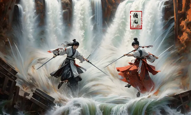 (dramatic, gritty, intense:1.4),masterpiece, best quality, 8k, insane details, intricate details, hyperdetailed, hyper quality, high detail, ultra detailed, Masterpiece,
2girlsholding weaponholding swordduelbattlemidairsingle hair bunblack hairlong hairhair bunlooking at another
outdoorswaterfallwater in the flowingwavessplashingHanfu(Real waterRealistic waterflowing water:1.5)ripples
A shot with tension(sky glows red,Visual impact,giving the poster a dynamic and visually striking appearance:1.2),Chinese Zen style,impactful picture,
<lora:~Q?-p^k{eWaterfall:1>