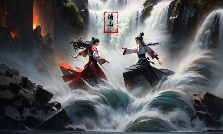 (dramatic, gritty, intense:1.4),masterpiece, best quality, 8k, insane details, intricate details, hyperdetailed, hyper quality, high detail, ultra detailed, Masterpiece,
2girlsholding weaponholding swordduelbattlemidairsingle hair bunblack hairlong hairhair bunlooking at another
outdoorswaterfallwater in the flowingwavessplashingHanfu(Real waterRealistic waterflowing water:1.5)ripples
A shot with tension(sky glows red,Visual impact,giving the poster a dynamic and visually striking appearance:1.2),Chinese Zen style,impactful picture,
<lora:~Q?-p^k{eWaterfall:0.7>