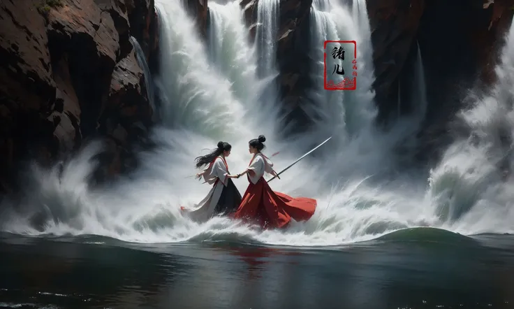 (dramatic, gritty, intense:1.4),masterpiece, best quality, 8k, insane details, intricate details, hyperdetailed, hyper quality, high detail, ultra detailed, Masterpiece,
2girlsholding weaponholding swordduelbattlemidairsingle hair bunblack hairlong hairhair bunlooking at another
outdoorswaterfallwater in the flowingwavessplashingHanfu(Real waterRealistic waterflowing water:1.5)ripples
A shot with tension(sky glows red,Visual impact,giving the poster a dynamic and visually striking appearance:1.2),Chinese Zen style,impactful picture,
<lora:~Q?-p^k{eWaterfall:0.7>