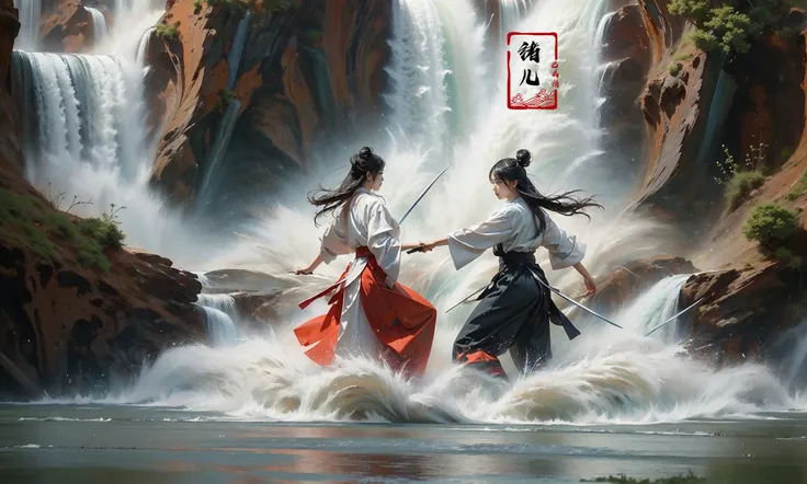(dramatic, gritty, intense:1.4),masterpiece, best quality, 8k, insane details, intricate details, hyperdetailed, hyper quality, high detail, ultra detailed, Masterpiece,
2girlsholding weaponholding swordduelbattlemidairsingle hair bunblack hairlong hairhair bunlooking at another
outdoorswaterfallwater in the flowingwavessplashingHanfu(Real waterRealistic waterflowing water:1.5)ripples
A shot with tension(sky glows red,Visual impact,giving the poster a dynamic and visually striking appearance:1.2),Chinese Zen style,impactful picture,
<lora:~Q?-p^k{eWaterfall:0.7>