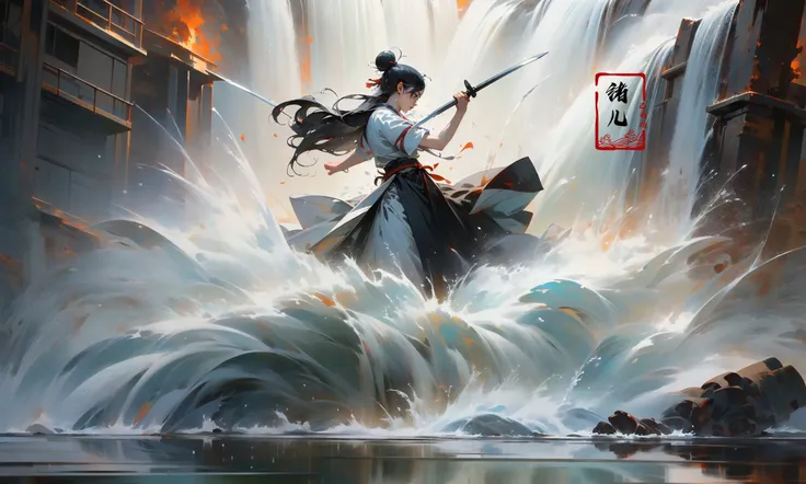 (dramatic, gritty, intense:1.4),masterpiece, best quality, 8k, insane details, intricate details, hyperdetailed, hyper quality, high detail, ultra detailed, Masterpiece,
2girlsholding weaponholding swordduelbattlemidairsingle hair bunblack hairlong hairhair bunlooking at another
outdoorswaterfallwater in the flowingwavessplashingHanfu(Real waterRealistic waterflowing water:1.5)ripples
A shot with tension(sky glows red,Visual impact,giving the poster a dynamic and visually striking appearance:1.2),Chinese Zen style,impactful picture,
<lora:~Q?-p^k{eWaterfall:0.7>