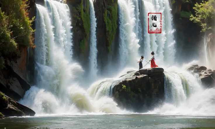 (dramatic, gritty, intense:1.4),masterpiece, best quality, 8k, insane details, intricate details, hyperdetailed, hyper quality, high detail, ultra detailed, Masterpiece,
2girlsholding weaponholding swordduelbattlemidairsingle hair bunblack hairlong hairhair bunlooking at another
outdoorswaterfallwater in the flowingwavessplashingHanfu(Real waterRealistic waterflowing water:1.5)ripples
A shot with tension(sky glows red,Visual impact,giving the poster a dynamic and visually striking appearance:1.2),Chinese Zen style,impactful picture,
<lora:~Q?-p^k{eWaterfall:0.7>