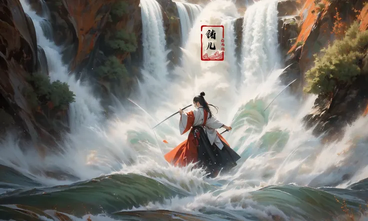 (dramatic, gritty, intense:1.4),masterpiece, best quality, 8k, insane details, intricate details, hyperdetailed, hyper quality, high detail, ultra detailed, Masterpiece,
2girlsholding weaponholding swordduelbattlemidairsingle hair bunblack hairlong hairhair bunlooking at another
outdoorswaterfallwater in the flowingwavessplashingHanfu(Real waterRealistic waterflowing water:1.5)ripples
A shot with tension(sky glows red,Visual impact,giving the poster a dynamic and visually striking appearance:1.2),Chinese Zen style,impactful picture,
<lora:~Q?-p^k{eWaterfall:1>