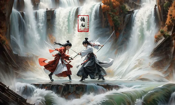 (dramatic, gritty, intense:1.4),masterpiece, best quality, 8k, insane details, intricate details, hyperdetailed, hyper quality, high detail, ultra detailed, Masterpiece,
2girlsholding weaponholding swordduelbattlemidairsingle hair bunblack hairlong hairhair bunlooking at another
outdoorswaterfallwater in the flowingwavessplashingHanfu(Real waterRealistic waterflowing water:1.5)ripples
A shot with tension(sky glows red,Visual impact,giving the poster a dynamic and visually striking appearance:1.2),Chinese Zen style,impactful picture,
<lora:~Q?-p^k{eWaterfall:0.7>