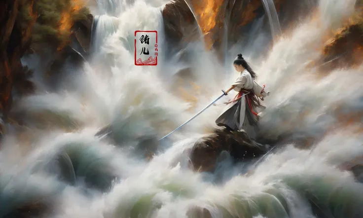 (dramatic, gritty, intense:1.4),masterpiece, best quality, 8k, insane details, intricate details, hyperdetailed, hyper quality, high detail, ultra detailed, Masterpiece,
2girlsholding weaponholding swordduelbattlemidairsingle hair bunblack hairlong hairhair bunlooking at another
outdoorswaterfallwater in the flowingwavessplashingHanfu(Real waterRealistic waterflowing water:1.5)ripples
A shot with tension(sky glows red,Visual impact,giving the poster a dynamic and visually striking appearance:1.2),Chinese Zen style,impactful picture,
<lora:~Q?-p^k{eWaterfall:1>
