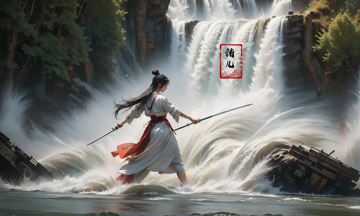 (dramatic, gritty, intense:1.4),masterpiece, best quality, 8k, insane details, intricate details, hyperdetailed, hyper quality, high detail, ultra detailed, Masterpiece,
2girlsholding weaponholding swordduelbattlemidairsingle hair bunblack hairlong hairhair bunlooking at another
outdoorswaterfallwater in the flowingwavessplashingHanfu(Real waterRealistic waterflowing water:1.5)ripples
A shot with tension(sky glows red,Visual impact,giving the poster a dynamic and visually striking appearance:1.2),Chinese Zen style,impactful picture,
<lora:~Q?-p^k{eWaterfall:0.7>