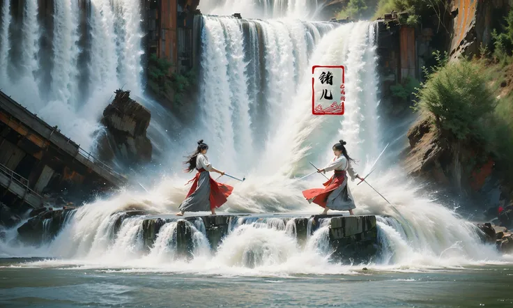 (dramatic, gritty, intense:1.4),masterpiece, best quality, 8k, insane details, intricate details, hyperdetailed, hyper quality, high detail, ultra detailed, Masterpiece,
2girlsholding weaponholding swordduelbattlemidairsingle hair bunblack hairlong hairhair bunlooking at another
outdoorswaterfallwater in the flowingwavessplashingHanfu(Real waterRealistic waterflowing water:1.5)ripples
A shot with tension(sky glows red,Visual impact,giving the poster a dynamic and visually striking appearance:1.2),Chinese Zen style,impactful picture,
<lora:~Q?-p^k{eWaterfall:0.7>