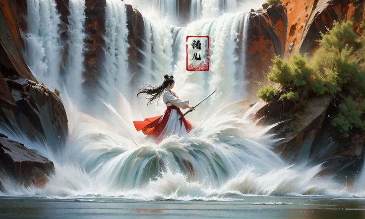 (dramatic, gritty, intense:1.4),masterpiece, best quality, 8k, insane details, intricate details, hyperdetailed, hyper quality, high detail, ultra detailed, Masterpiece,
2girlsholding weaponholding swordduelbattlemidairsingle hair bunblack hairlong hairhair bunlooking at another
outdoorswaterfallwater in the flowingwavessplashingHanfu(Real waterRealistic waterflowing water:1.5)ripples
A shot with tension(sky glows red,Visual impact,giving the poster a dynamic and visually striking appearance:1.2),Chinese Zen style,impactful picture,
<lora:~Q?-p^k{eWaterfall:0.7>