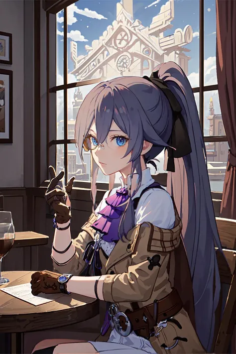 (masterpiece, top quality, best quality, official art, beautiful and aesthetic:1.2),extreme detailed,(fractal art:1.3), 1girl, solo, <lora:FH_HoF_v1.0:0.9>, Fu Hua(HoF), brown coat, white shirt, purple ascot, brown gloves, belt, wrist watch, monocle, ponytail, upper body, long hair, indoors, coffee mug, cafe, window, moonlight, portrait, table,