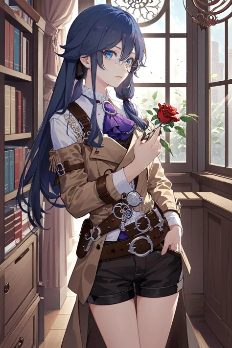(masterpiece, top quality, best quality, official art, beautiful and aesthetic:1.2),extreme detailed,(fractal art:1.3), 1girl, solo,<lora:FH_HoF_v1.1:0.85>, Fu Hua(HoF), brown coat, white shirt, purple ascot, belt, black shorts, indoors, window, bookshelf, sunlight, lean against the window, holding rose, ponytail, long hair, one hand in pocket, monocle, (wear monocle:1.1),