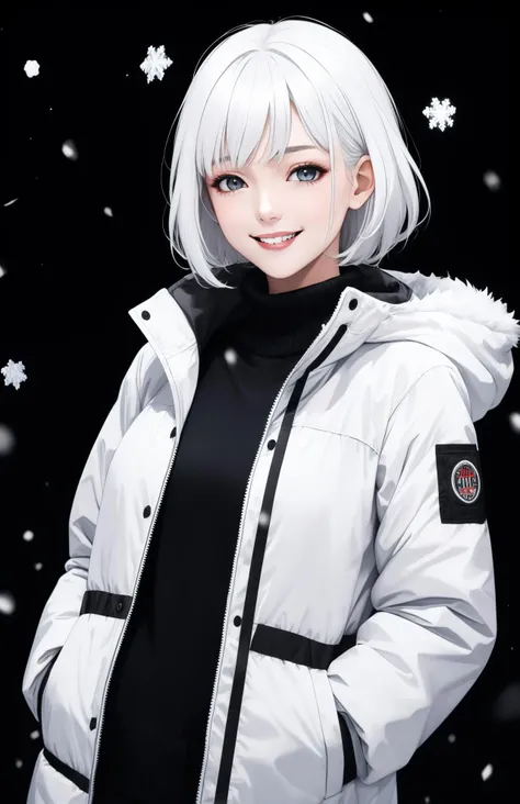 1girl, white snow jacket, white hair, smiling, low light, black background
