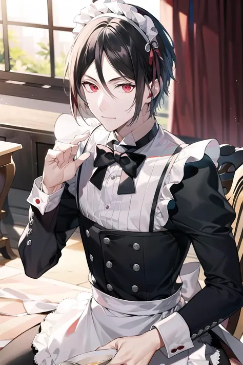 masterpiece, best quality, solo, 1boy, <lora:sebastian_michaelis-08:0.8>, sebastianv1, maid, maid apron, maid headdress, red eyes, mature male,