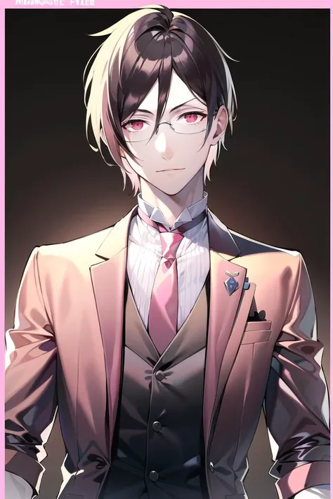 masterpiece, best quality, solo, 1boy,  <lora:sebastian_michaelis-08:0.8>, sebastianv1,  red eyes, mature male, glasses, (brown jacket,brown vest), upper body, (pink necktie:1.2), eyewear strap,