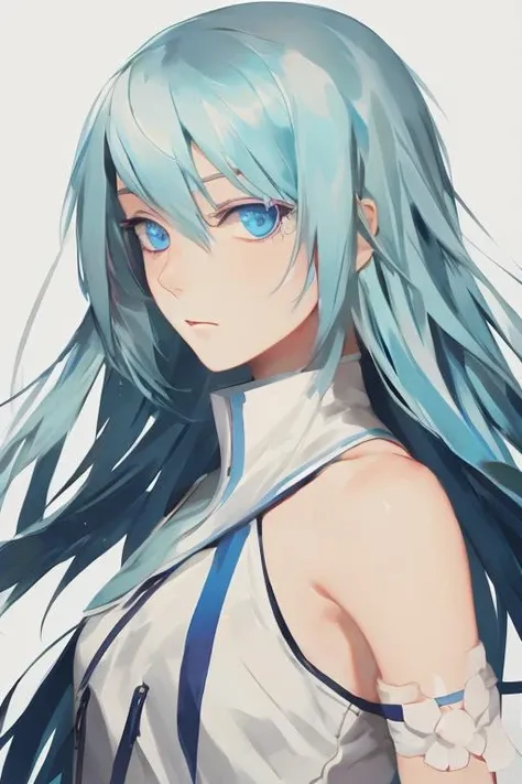 1girl,painting \(medium\),white|blue hair,green eyes,white background,best quality,upper body, masterpiece<lora:rei_17-000008:1>