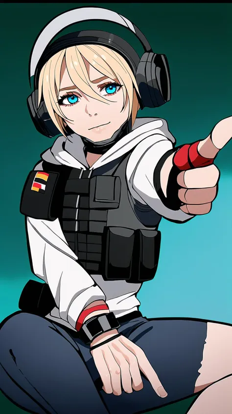 <lora:iqr6-guy-v2:0.8> iqr6, (mask:1.25), 1girl, blonde hair, short hair, blue eyes, helmet, face shield, vest, relaxing, bulletproof vest, gloves, hoodie, long sleeves, jeans, holster, headphones, fingerless gloves, bracelet, german flag, germany, BREAK, <lora:Finger_gun:0.5> (finger gun, pointing at viewers:1.25)