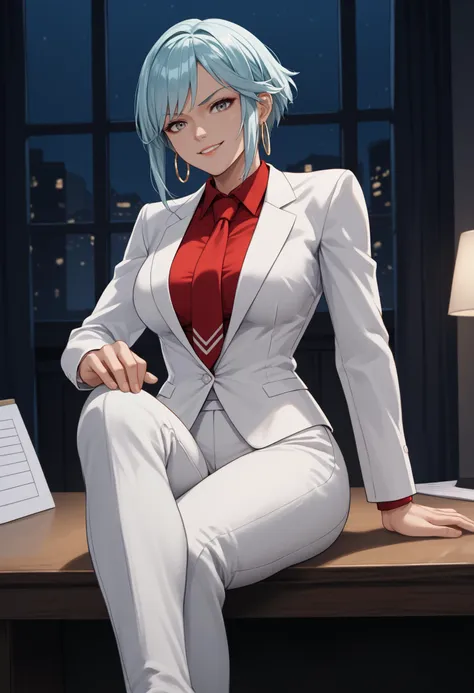 score_9, score_8_up, score_7_up, 1girl, DagrRND, grey eyes, aqua hair, short hair, large breasts, toned,
hoop earrings, business suit, white blazer, white pants, red necktie, red dress shirt, suit jacket, 
looking at viewer, smirk, parted lips, sitting on table, crossed legs,
indoors, office, dark, night, dark environment,
<lora:FEDagrPDXL_V1-Manityro-CAME:1.0>,