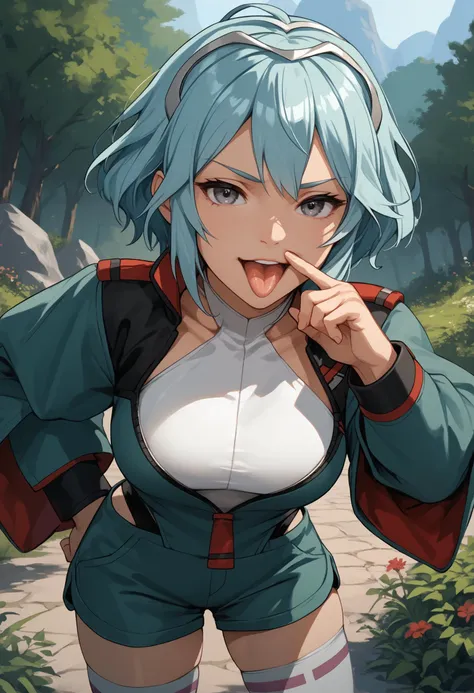 score_9, score_8_up, score_7_up, 1girl, DagrRND, grey eyes, aqua hair, short hair, large breasts, toned, biceps,
tiara, green jacket, shoulder boards, emblem, partially unzipped, halterneck, white leotard, green sleeves, two-sided sleeves, layered sleeves, green shorts, short shorts, white thighhighs
looking at viewer, smug, open mouth, tongue out, v sign, hand to mouth, leaning forward,
outdoors,
<lora:FEDagrPDXL_V1-Manityro-CAME:0.9>, <lora:SeceliaDotePDXL_V1-Manityro-CAME:1.0>,