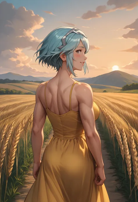 score_9, score_8_up, score_7_up, 1girl, DagrRND, grey eyes, aqua hair, short hair, large breasts, toned,
tiara, yellow sundress,
looking at viewer, smile, blush, hands behind, parted lips, looking back, back, walking,
outdoors, wheat field, sunset,
<lora:FEDagrPDXL_V1-Manityro-CAME:1.0>,