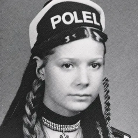 <lora:school_yearbook_photos:1>, school yearbook photos, background, portrait, braid, comic, fingerless gloves, flat chest, gloves, hat, highres, jewelry, long hair, monochrome, multiple girls, necklace, police, police uniform, tattoo, twin braids, uniform, very long hair